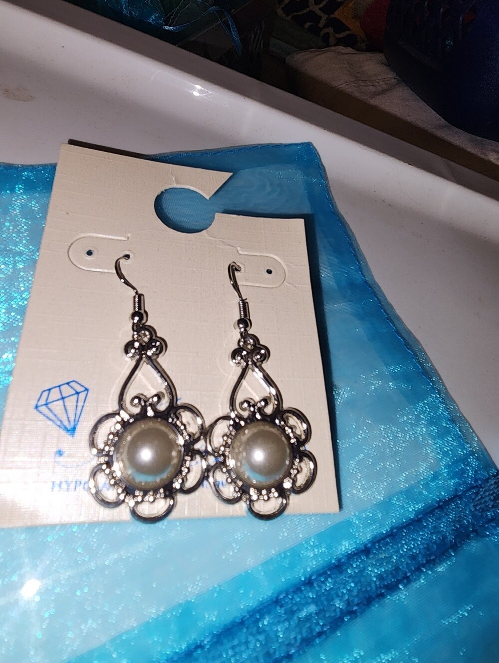 Silver Pearl-Accent Filigree Drop Earrings - White Pearl